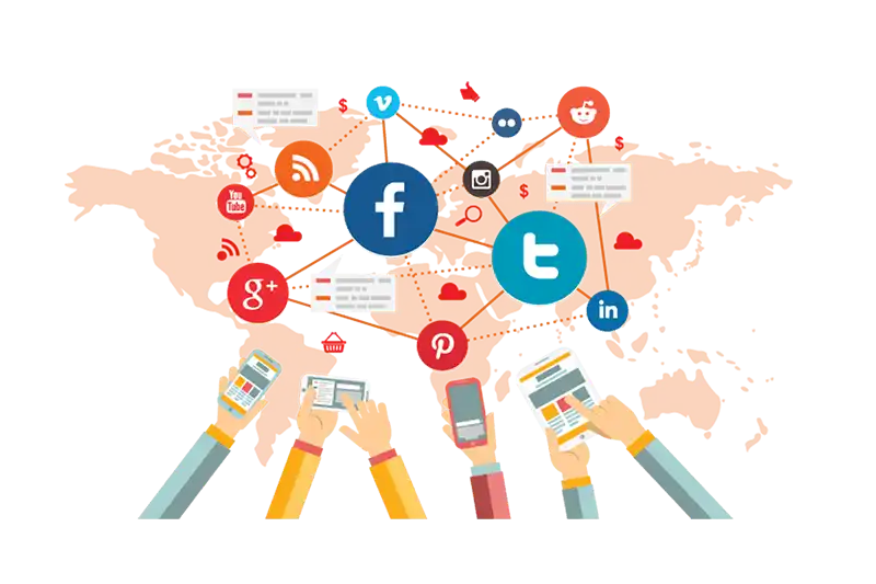 Illustration showing interconnected social media platforms like Facebook, Instagram, Twitter, and LinkedIn, representing digital marketing trends and online connectivity in Kerala